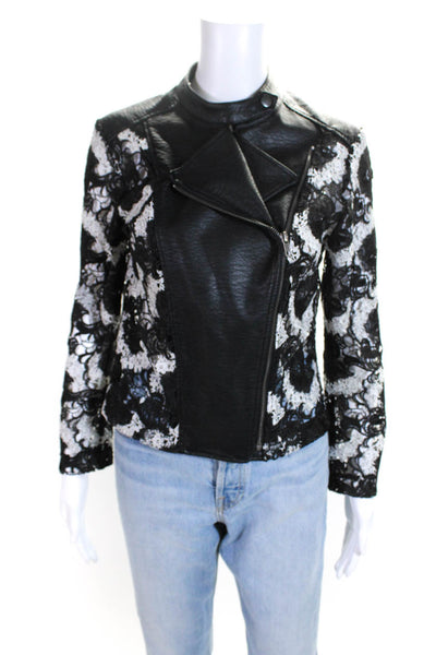 Yigal X Aqua Womens Black Vegan Leather Floral Lace Zip Long Sleeve Jacket SizeS