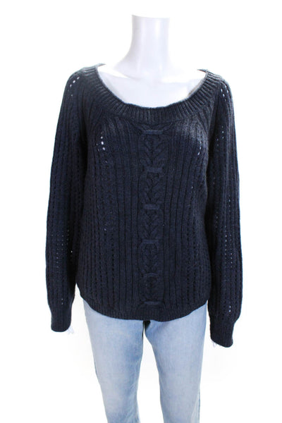 360 Sweater Womens Dark Blue Wool Open Knit Scoop Neck Sweater Top Size L