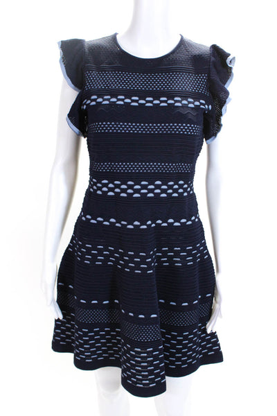 Shoshanna Womens Navy Blue Textured Ruffle Crew Neck Fit & Flare Dress Size L