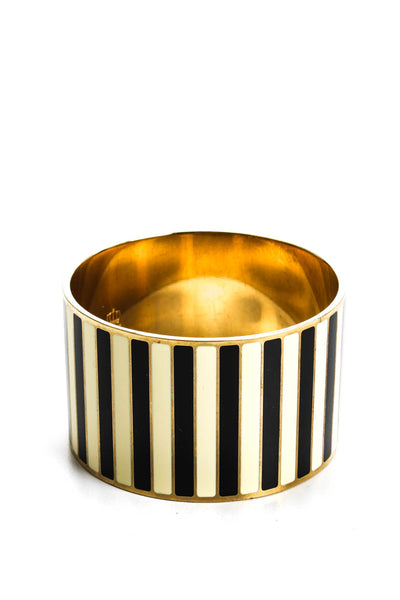 Skultuna Womens Gold Tone Black White Enamel Striped Bangle Bracelet