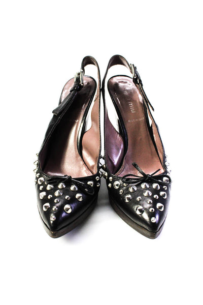 Miu Miu Womens Leather Studded Pointed Toe Slingbacks Pumps Black Size 36.5 6.5