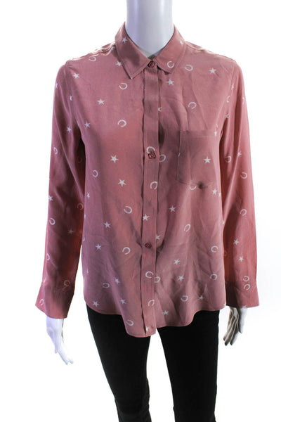 Rails Womens Pink Silk Printed Collar Long Sleeve Button Down Blouse Top Size XS