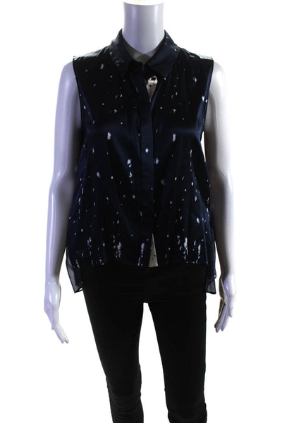 Elie Tahari Womens Silk Printed Button Down Tank Top Navy Blue Size Small