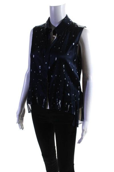 Elie Tahari Womens Silk Printed Button Down Tank Top Navy Blue Size Small