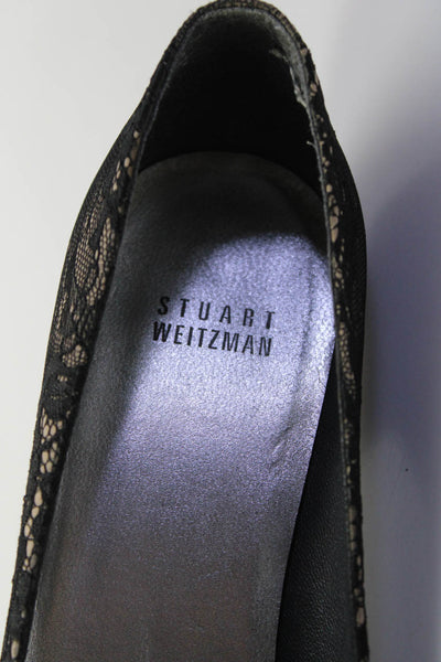 Stuart Weitzman Womens Lace Peep Toe Bow Pumps Beige Black Size 9 Medium