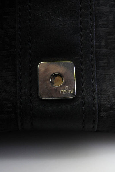 Fendi Womens Zucchino Leather Trim Flap Buckle Silver Tone Shoulder Handbag Blac
