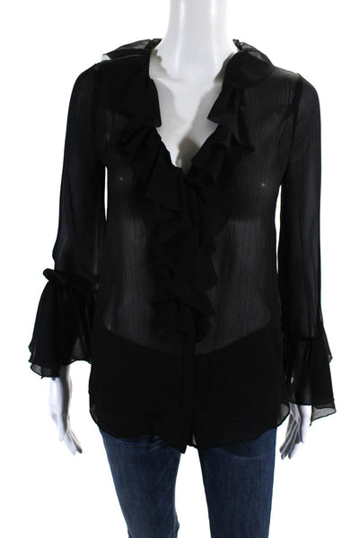 Alice + Olivia Womens Long Sleeve Chiffon Ruffle Button Up Top Blouse Black XS