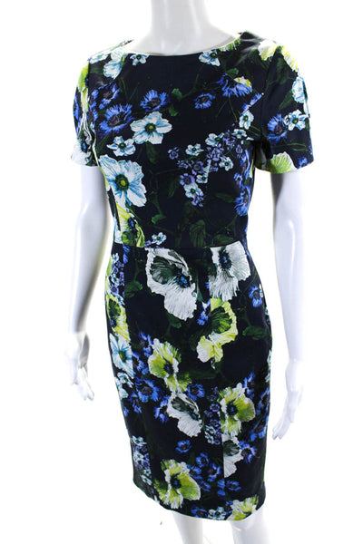 Erdem Womens Short Sleeve Floral Twill Sheath Dress Navy Blue Green Size 4