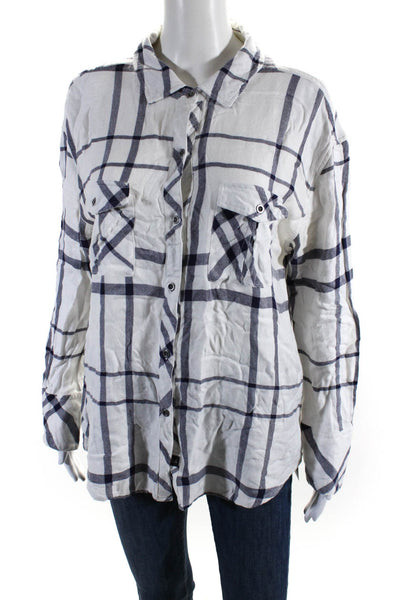 Rails Womens Plaid Long Sleeves Button Down Shirt White Navy Blue Size Medium