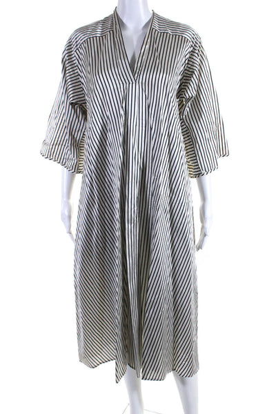 Tome Womens Silk Short Sleeve V Neck Striped A line Shift Dress White Size 2