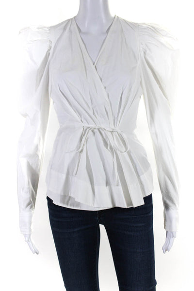 Ganni Womens Cotton V-Neck Long Sleeve Wrap Tied Blouse White Size EUR36