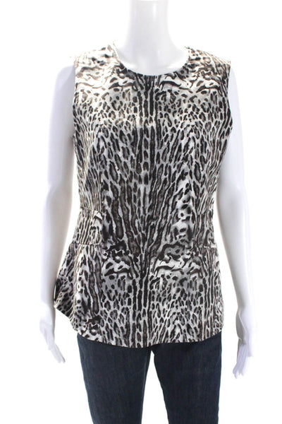 Donna Karan Womens Cotton Leopard Printed Sleeveless Zip Blouse Top Gray Size 10