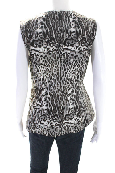 Donna Karan Womens Cotton Leopard Printed Sleeveless Zip Blouse Top Gray Size 10