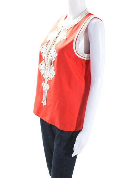 Oscar de la Renta Womens Crepe Ribbon Applique Sleeveless Blouse Orange Size 8