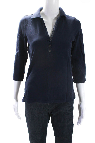 Burberry London Womens Cotton Jersey Collared Button Up Polo Shirt Navy Size M