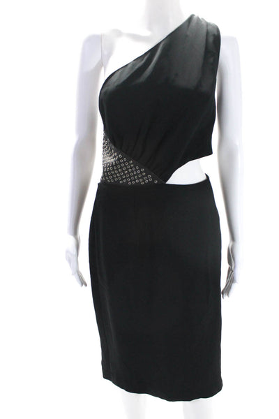 Tamara Mellon Womens Silk Leather Grommeted 1 Shoulder Sheath Dress Black Size S
