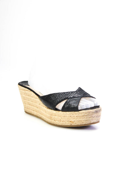 Jimmy Choo Womens Snakeskin Printed Raffia Platform Wedges Sandals Black Size 11