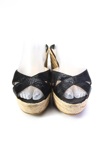 Jimmy Choo Womens Snakeskin Printed Raffia Platform Wedges Sandals Black Size 11