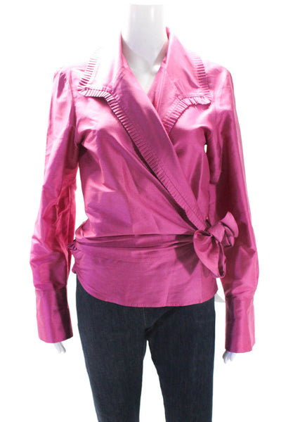 Dana Buchman Womens Silk Pleated Trim Long Sleeves Wrap Blouse Pink Size 12
