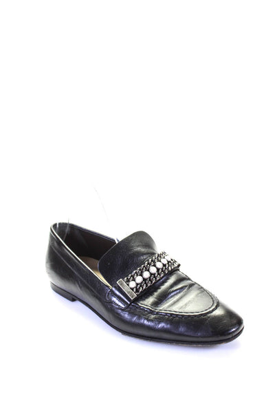 Chanel Womens Leather Chained Pearled Strap Slip-On Loafers Black Size EUR37