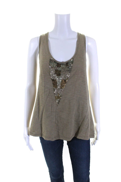Sandro Womens Sequin Triangle Scoop Neck Sleeveless Tank Top Olive Green Size 3