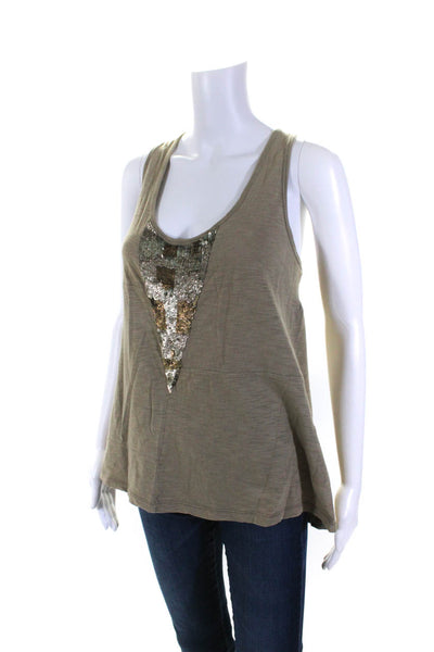 Sandro Womens Sequin Triangle Scoop Neck Sleeveless Tank Top Olive Green Size 3