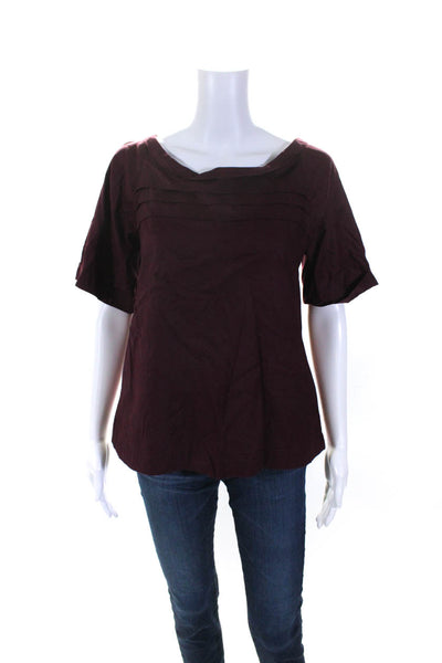Sandro Womens Pleated Short Sleeved Open Back Bow Accent Blouse Maroon Size 2