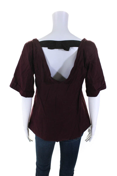 Sandro Womens Pleated Short Sleeved Open Back Bow Accent Blouse Maroon Size 2