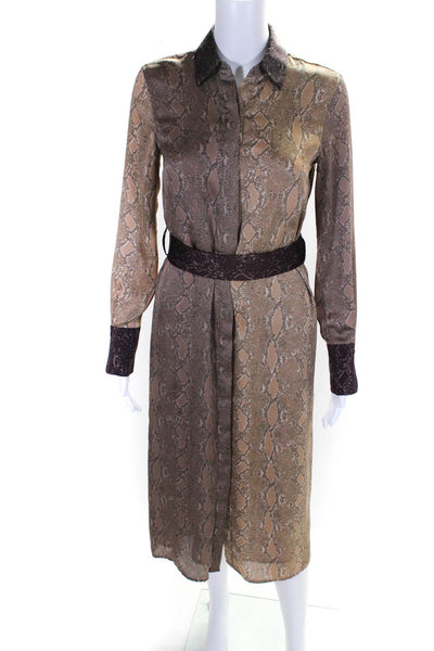 Equipment Femme Womens Snakeskin Print Belted Shirt Dress Brown Size XXS