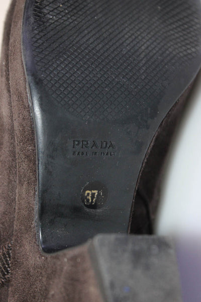 Prada Womens Suede Square Toe Pull On Zip Up Ankle Boots Brown Size 37.5 7.5