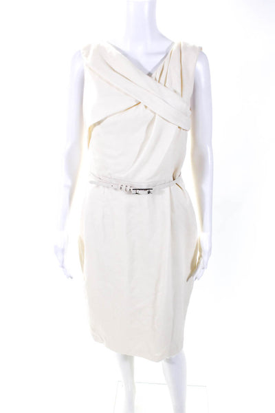 Carolina Herrera Womens 100% Wool Belted Sleeveless A Line Dress Cream Size 8