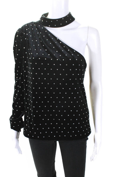 Self Portrait Womens Velvet High Neck One Shoulder Studded Blouse Black Size 8