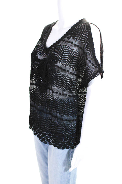 Leyendecker Womens Short Sleeve V Neck Lace Oversized Top Black Size 2