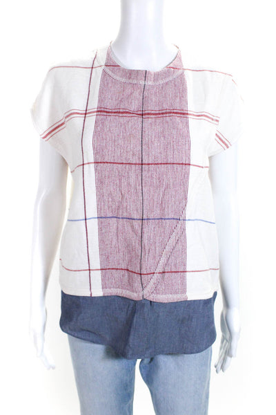 Derek Lam 10 Crosby Womens Short Sleeve Plaid Shirt White Red Blue Size 6