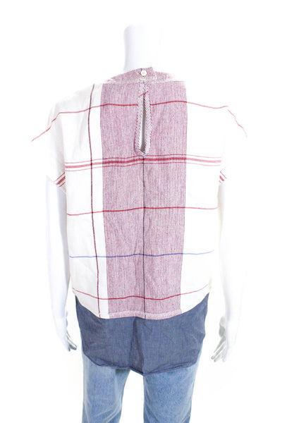 Derek Lam 10 Crosby Womens Short Sleeve Plaid Shirt White Red Blue Size 6