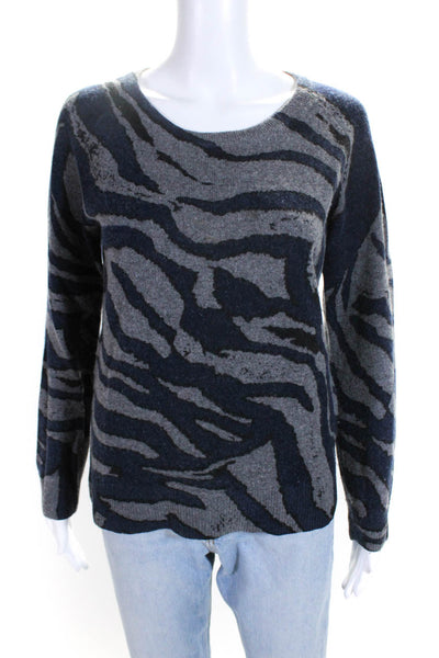 T.S. Society Womens Round Neck Zebra Printed Sweater Gray Blue Wool Size Medium