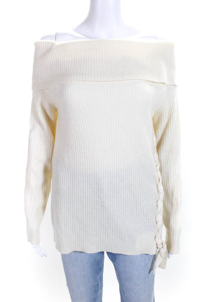 Roi Womens Lace Up Trim Ribbed Cowl Neck Cashmere Sweater White Size Small