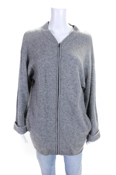 Si Iae Cashmere Womens Knit V-Neck Full Zip Up Cardigan Sweater Gray Size P