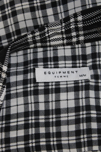 Equipment Femme Womens Silk Plaid Print Button Collared Blouse Top Black Size M