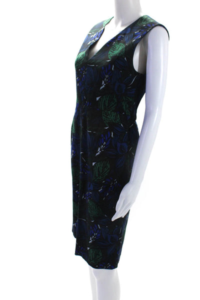 Jigsaw Womens Floral Print Sleeveless V-Neck Midi Sheath Dress Blue Size 8