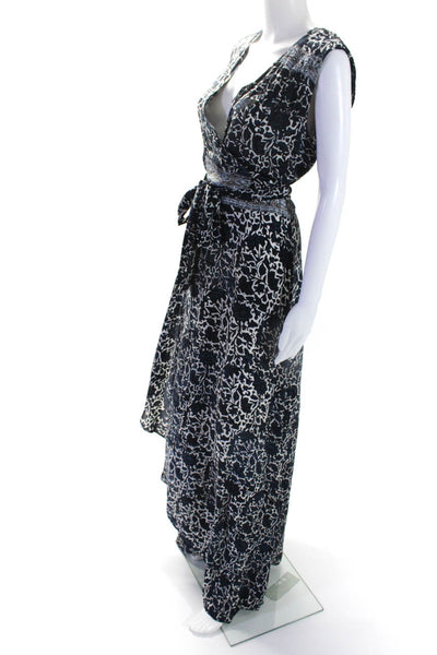 Natalie Martin Womens Silk Floral Print Wrap Sleeveless Maxi Dress Blue Size M