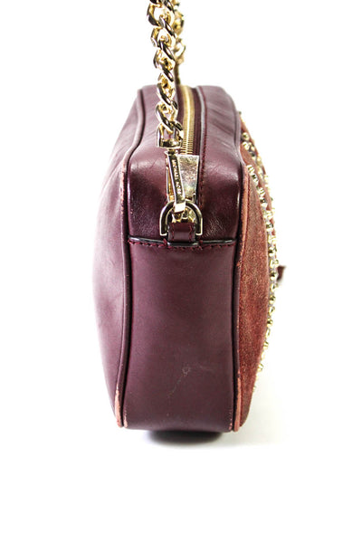 Michael Kors Womens Suede Zippered Studded Chain Strap Crossbody Handbag Maroon