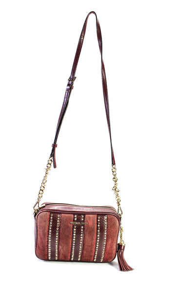 Michael Kors Womens Suede Zippered Studded Chain Strap Crossbody Handbag Maroon