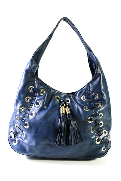 Michael Michael Kors Womens Leather One Strap Hobo Handbag Blue Silver Tone