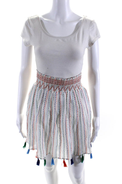 Bell Womens Smocked Waistband Striped Tassel Skirt White Cotton Size Small
