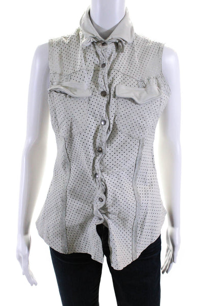 Jakett Womens Button Front Collared Perforated Leather Vest Jacket White Medium
