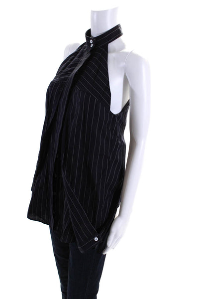Dion Lee Womens Button Front Cold Shoulder Pinstriped Shirt Navy Blue Size 4