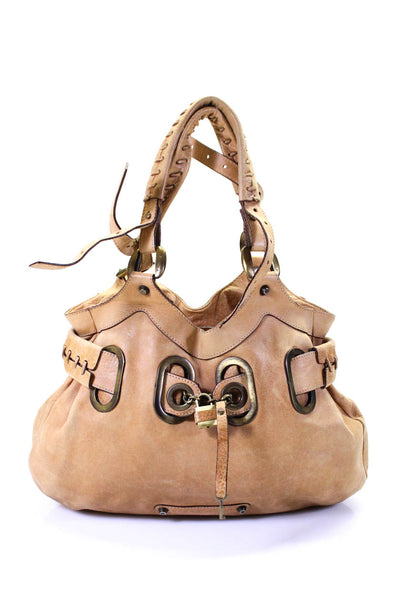 Barbara Bui Grained Leather Key Lock Double Handle Bucket Handbag Cognac Brown