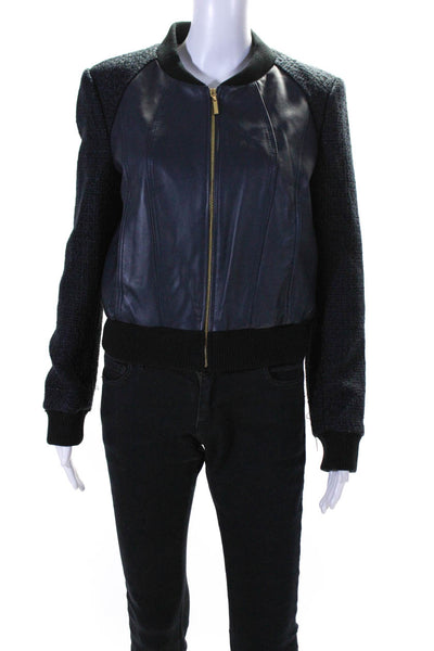J. Dosi Womens Front ZIp Crew Neck Leather Trim Tweed Jacket Navy Blue Size 3