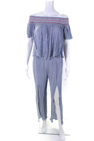 Elan Womens Ribbed Textured Embroidered Stripe Blouse Pants Set Blue Size L